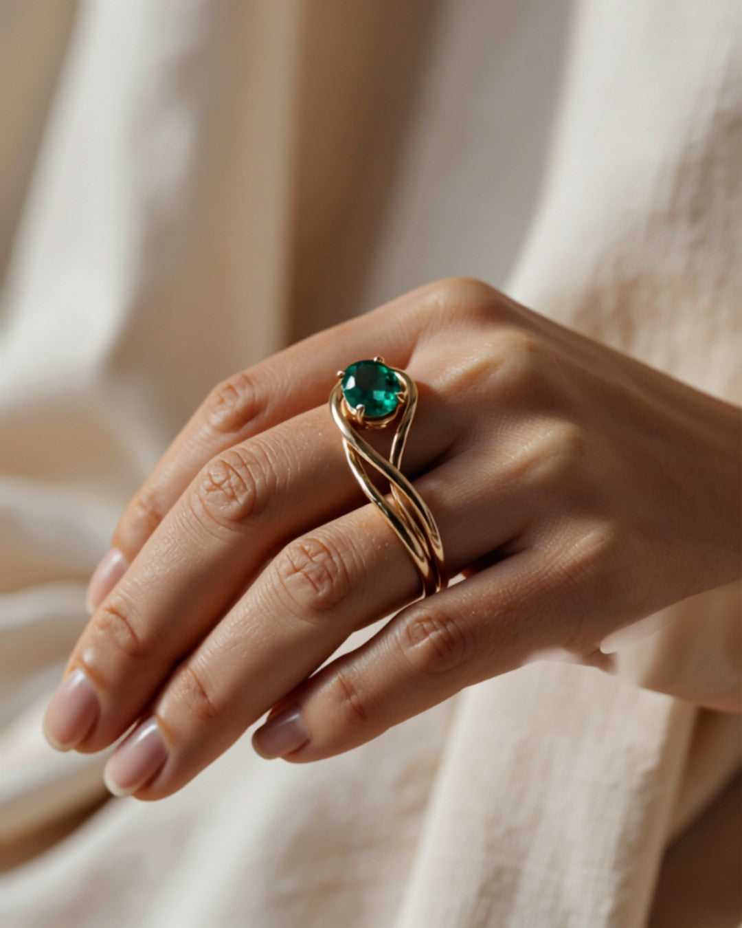 Bague Enroulée Émeraude portée — Carron et Olivier