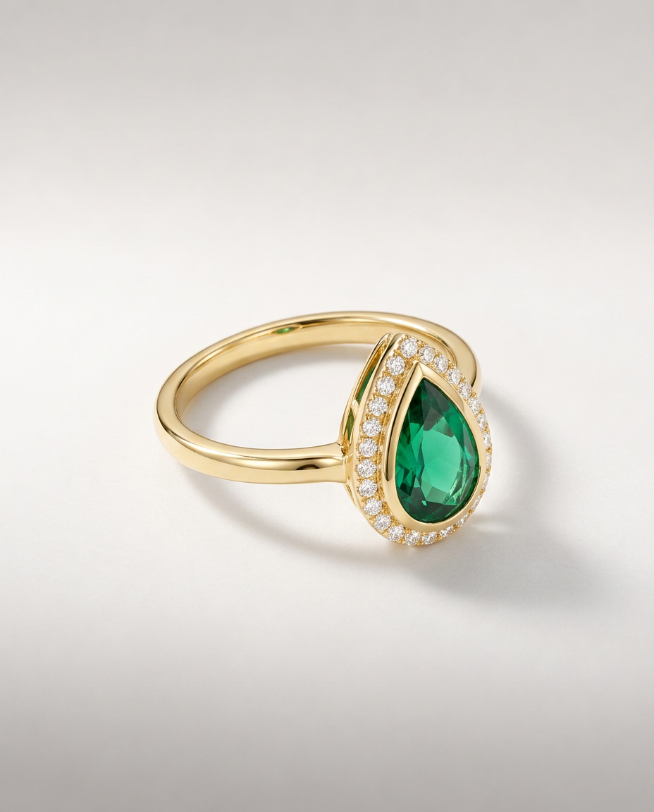 Bague Ocelle — émeraude poire et halo de diamants, or jaune — vue de trois quarts