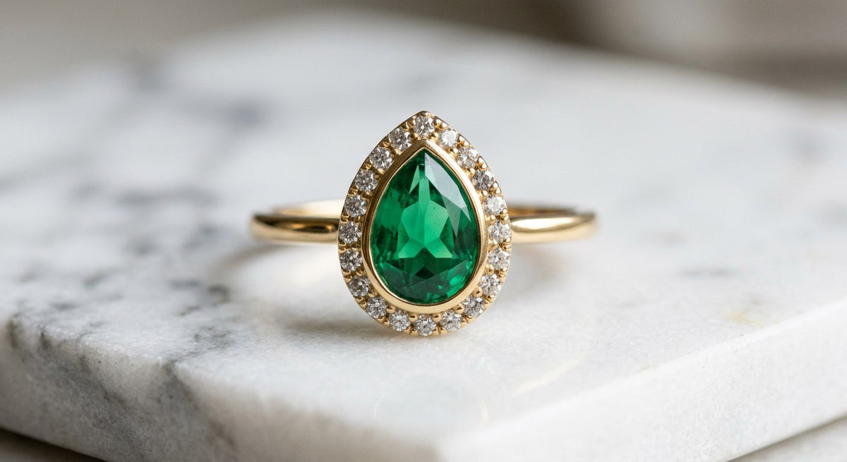 Bague Ocelle, émeraude taille poire cernée d'un halo de diamants, or jaune — Carron Olivier