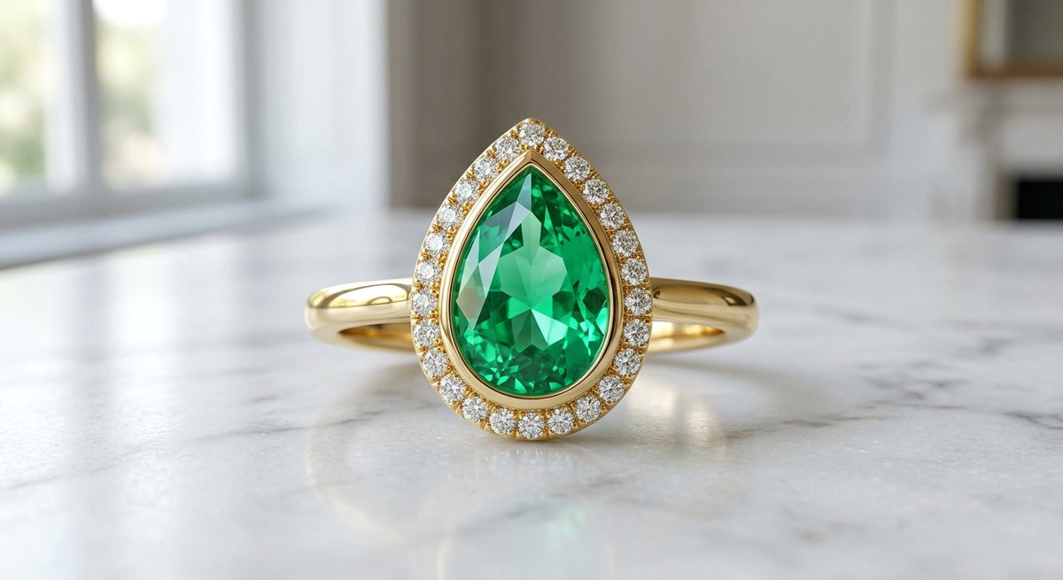 Bague Ocelle vue de face, émeraude poire et halo de diamants — Carron Olivier