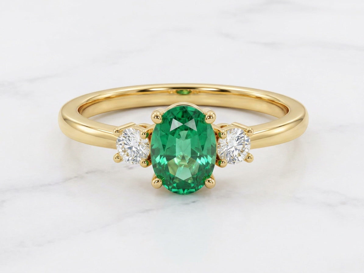 Bague Trilogie, émeraude ovale entre deux diamants, or jaune — Carron Olivier