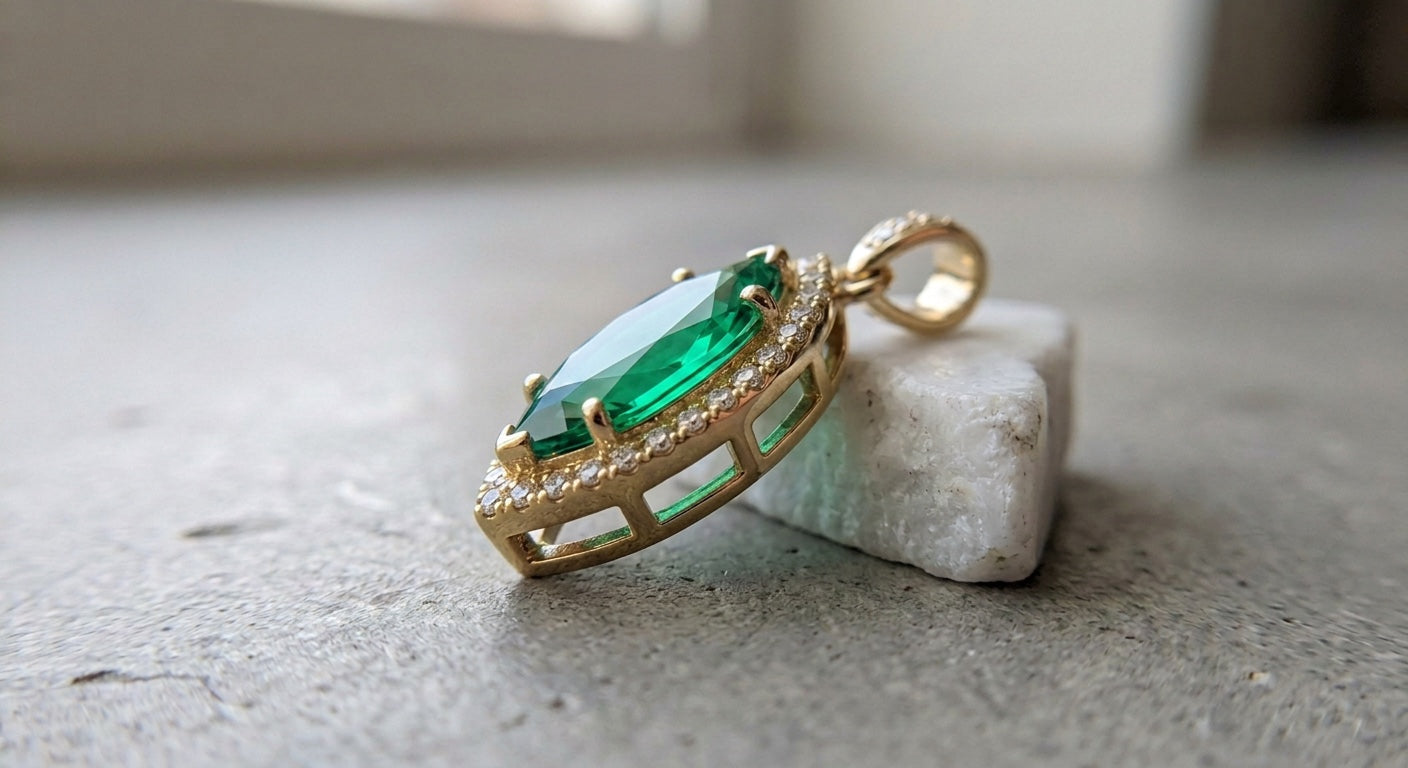 Pendentif Ocelle émeraude marquise, profil et bélière — Carron Olivier