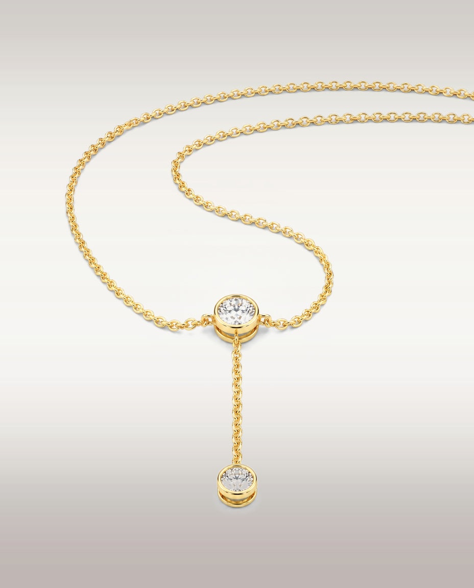 Collier Aplomb — collier en Y, deux diamants de laboratoire sertis clos, or jaune — vue trois-quarts