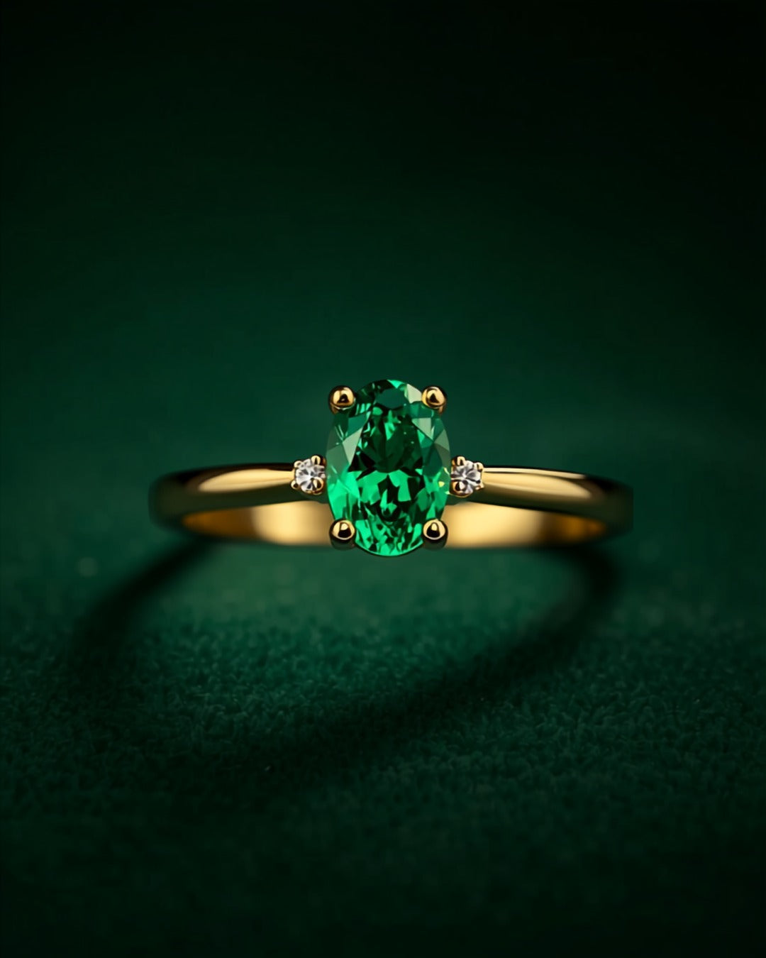 Bague Trilogie — émeraude de synthèse ovale et deux diamants de laboratoire, or jaune massif — Carron Olivier
