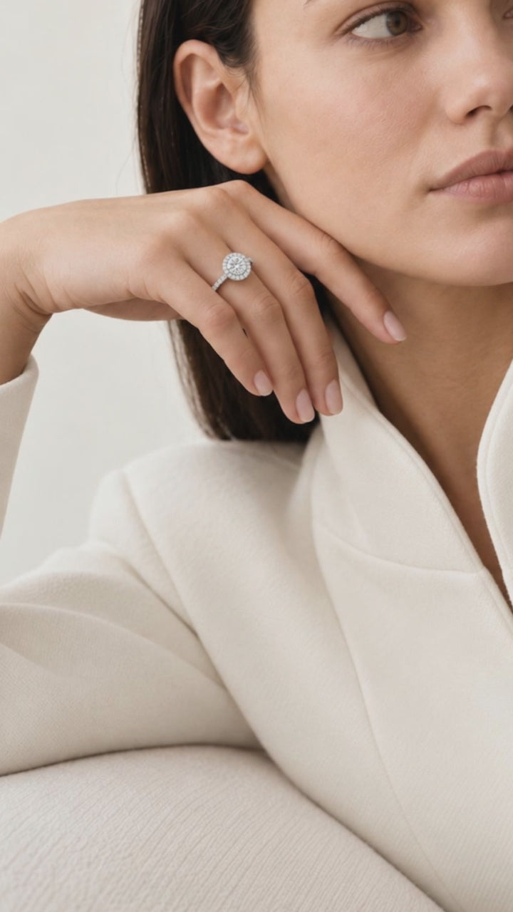 Bague Halo, diamant rond créé en laboratoire et halo pavé, or blanc — vidéo